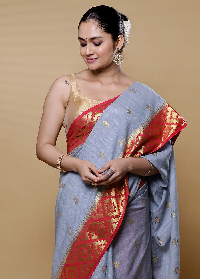 Grey Dupion Silk Saree With Blouse Piece