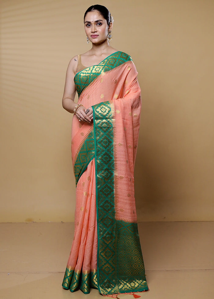 Peach Dupion Silk Saree With Blouse Piece