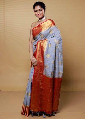 Grey Dupion Silk Saree With Blouse Piece