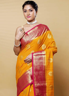 Yellow Dupion Silk Saree With Blouse Piece