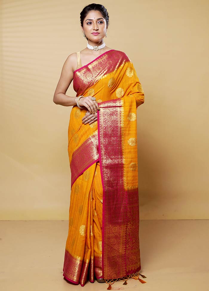 Yellow Dupion Silk Saree With Blouse Piece