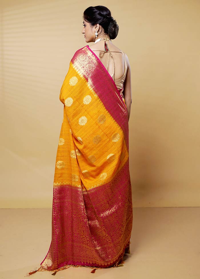 Yellow Dupion Silk Saree With Blouse Piece