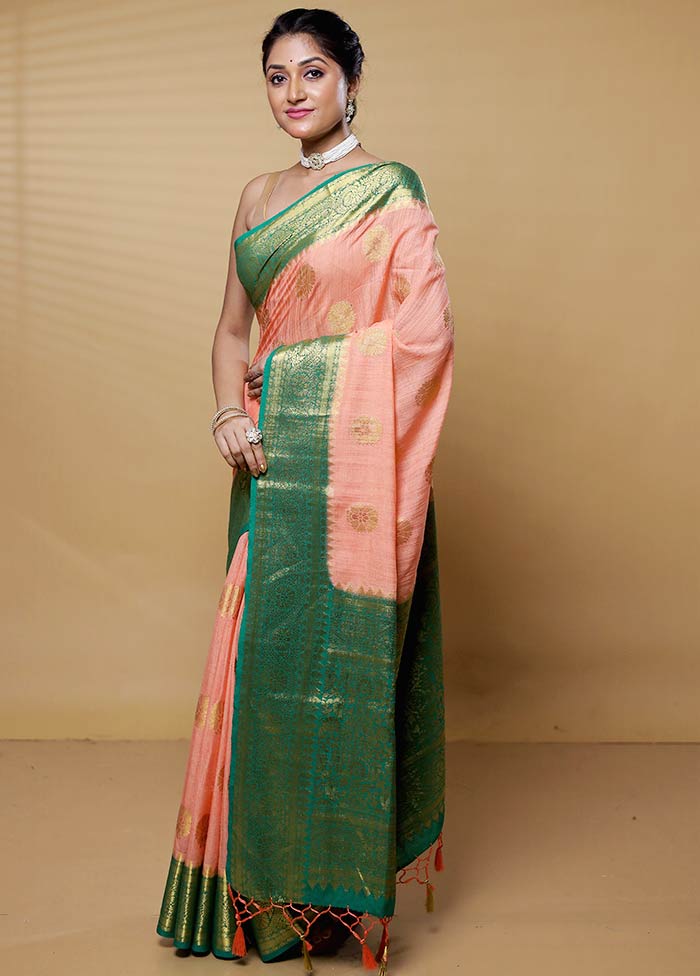 Peach Dupion Silk Saree With Blouse Piece