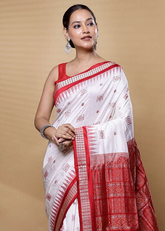 White Handloom Bomkai Pure Silk Saree With Blouse Piece