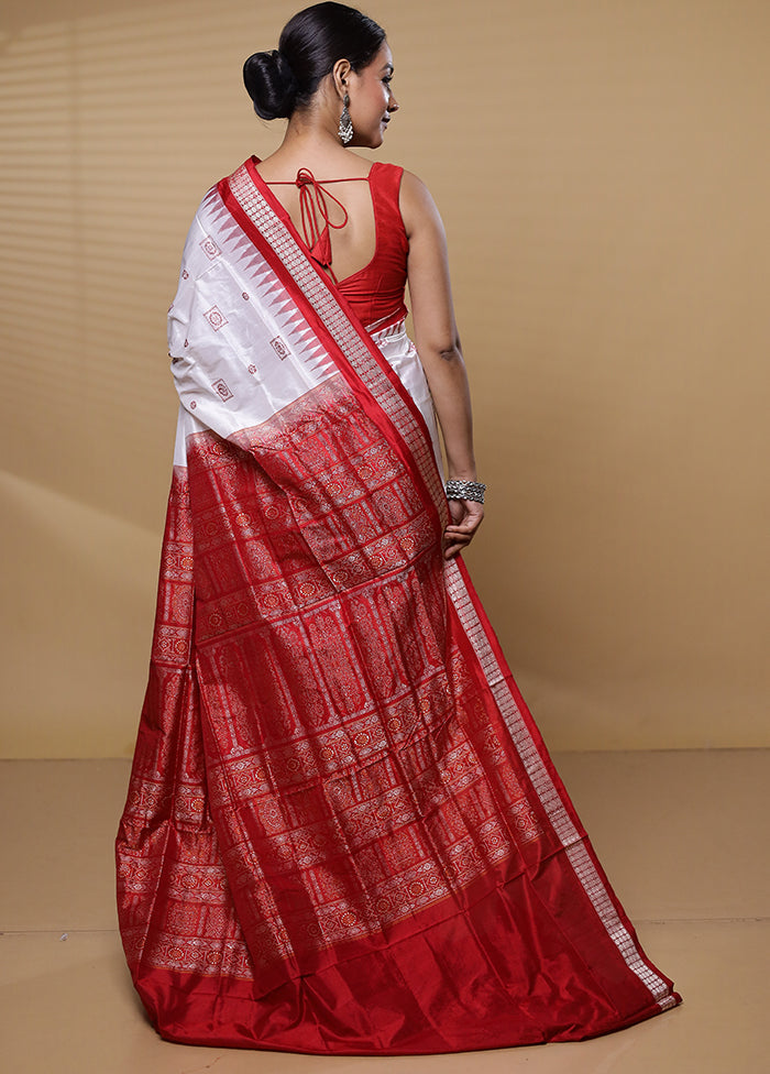 White Handloom Bomkai Pure Silk Saree With Blouse Piece