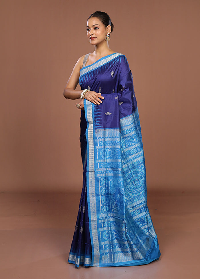 Blue Handloom Bomkai Pure Silk Saree With Blouse Piece