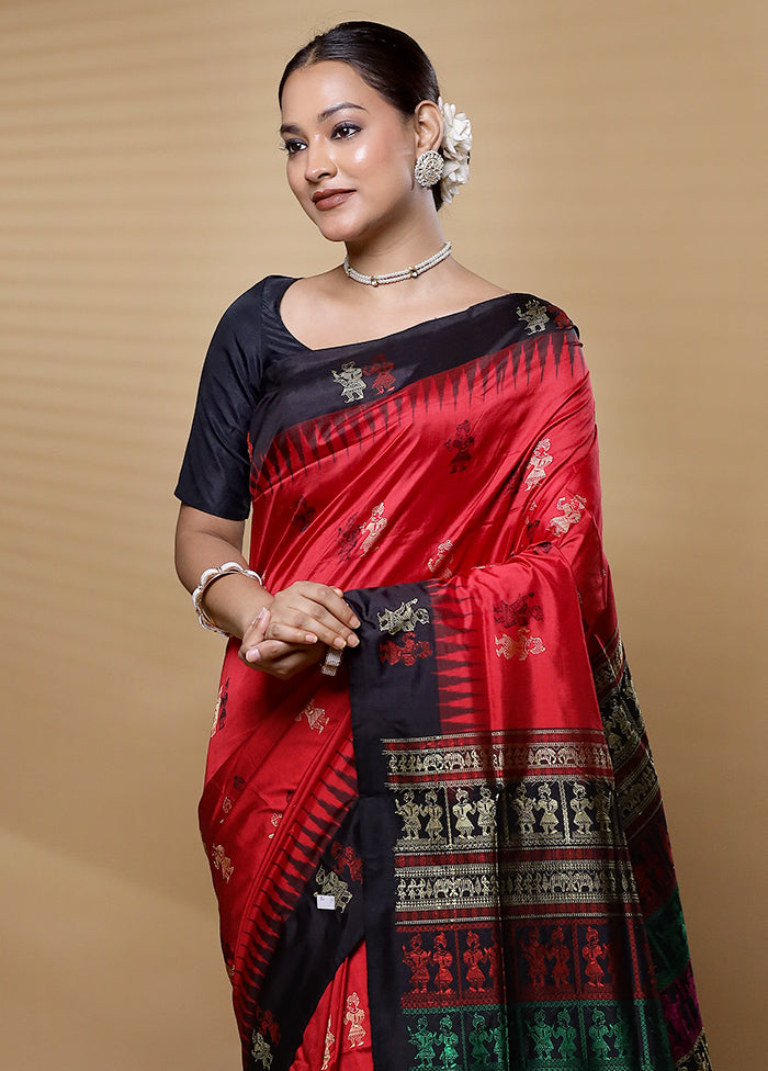 Red Handloom Bomkai Pure Silk Saree With Blouse Piece