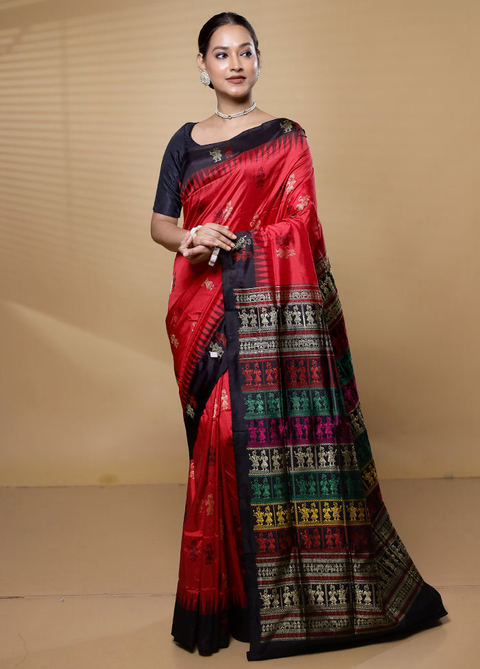 Red Handloom Bomkai Pure Silk Saree With Blouse Piece