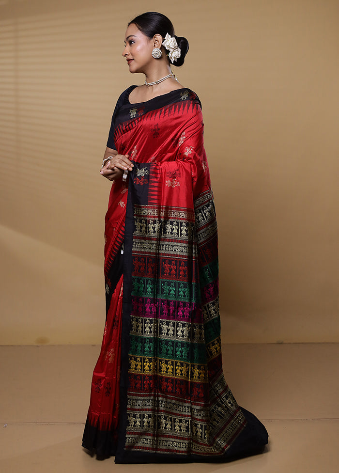 Red Handloom Bomkai Pure Silk Saree With Blouse Piece