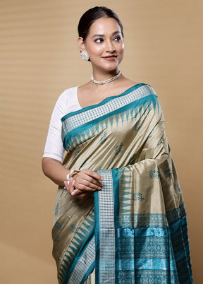 Cream Handloom Bomkai Pure Silk Saree With Blouse Piece