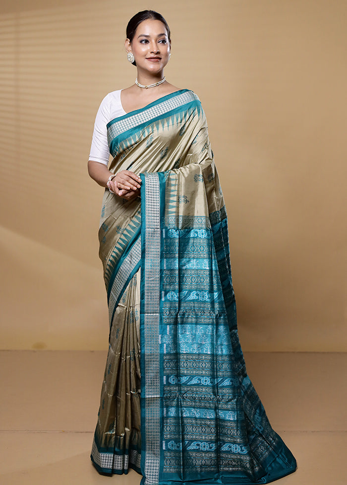 Cream Handloom Bomkai Pure Silk Saree With Blouse Piece