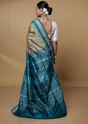 Cream Handloom Bomkai Pure Silk Saree With Blouse Piece