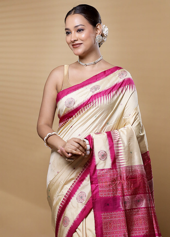 Cream Handloom Bomkai Pure Silk Saree With Blouse Piece