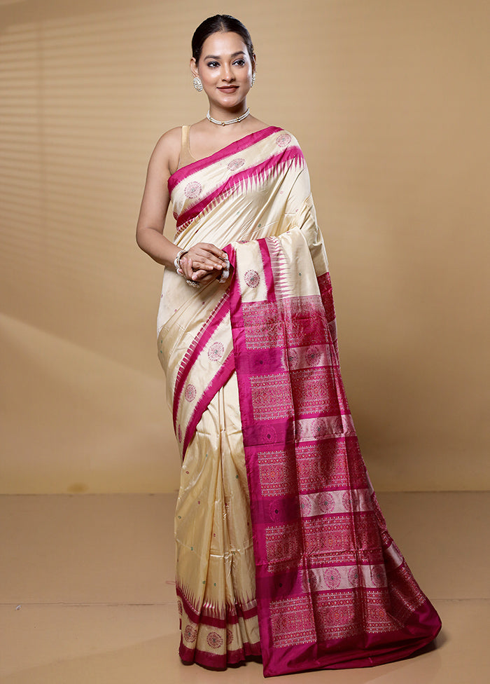 Cream Handloom Bomkai Pure Silk Saree With Blouse Piece