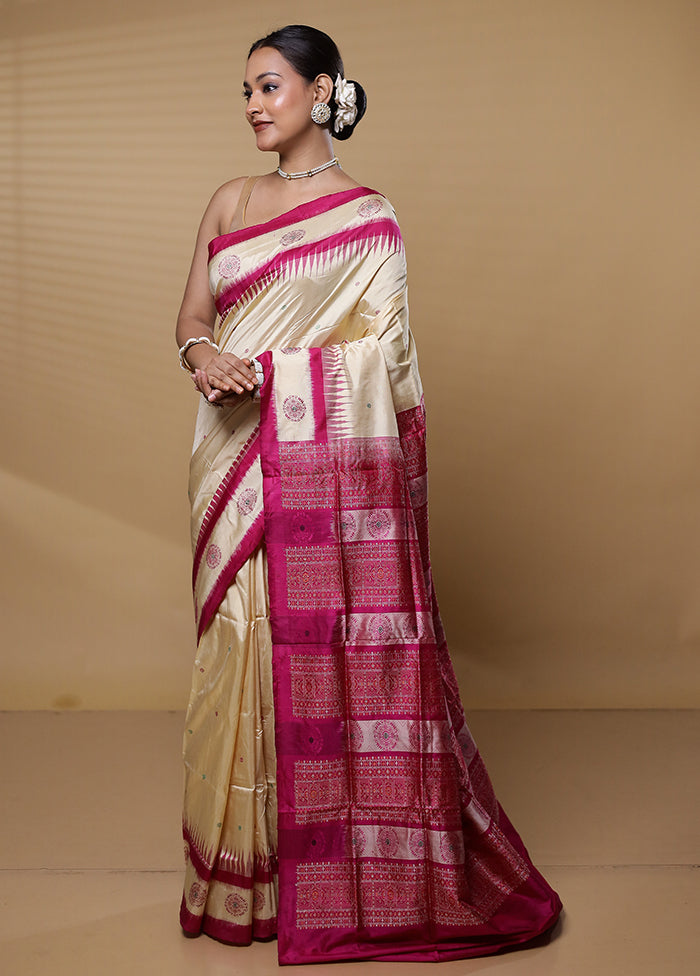 Cream Handloom Bomkai Pure Silk Saree With Blouse Piece