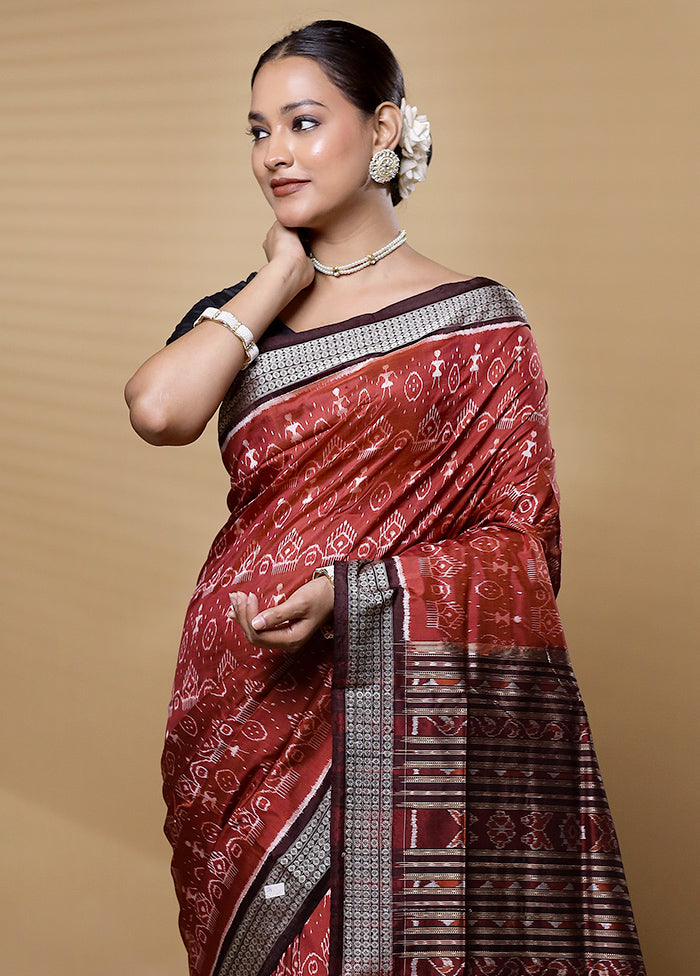 Maroon Handloom Bomkai Pure Silk Saree With Blouse Piece