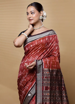 Maroon Handloom Bomkai Pure Silk Saree With Blouse Piece