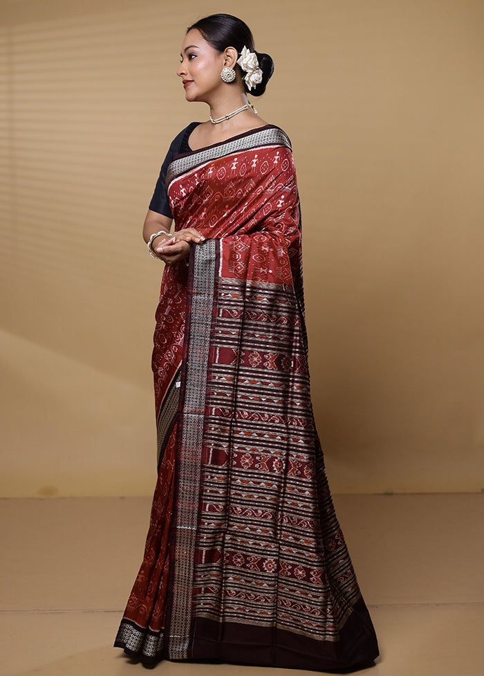 Maroon Handloom Bomkai Pure Silk Saree With Blouse Piece