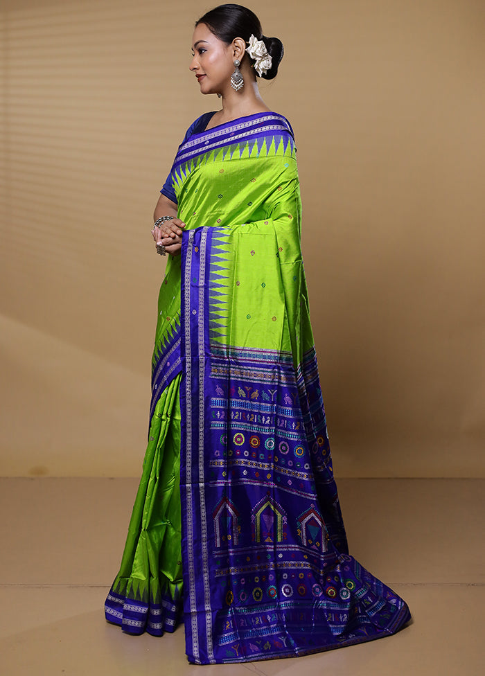 Green Handloom Bomkai Pure Silk Saree With Blouse Piece