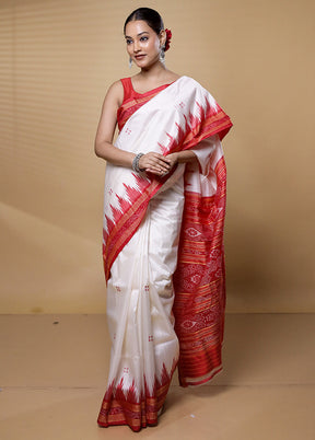 White Handloom Patola Pure Silk Saree With Blouse Piece