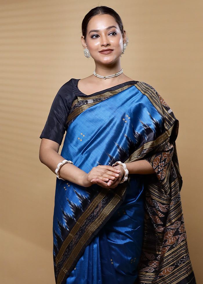 Blue Handloom Patola Pure Silk Saree With Blouse Piece