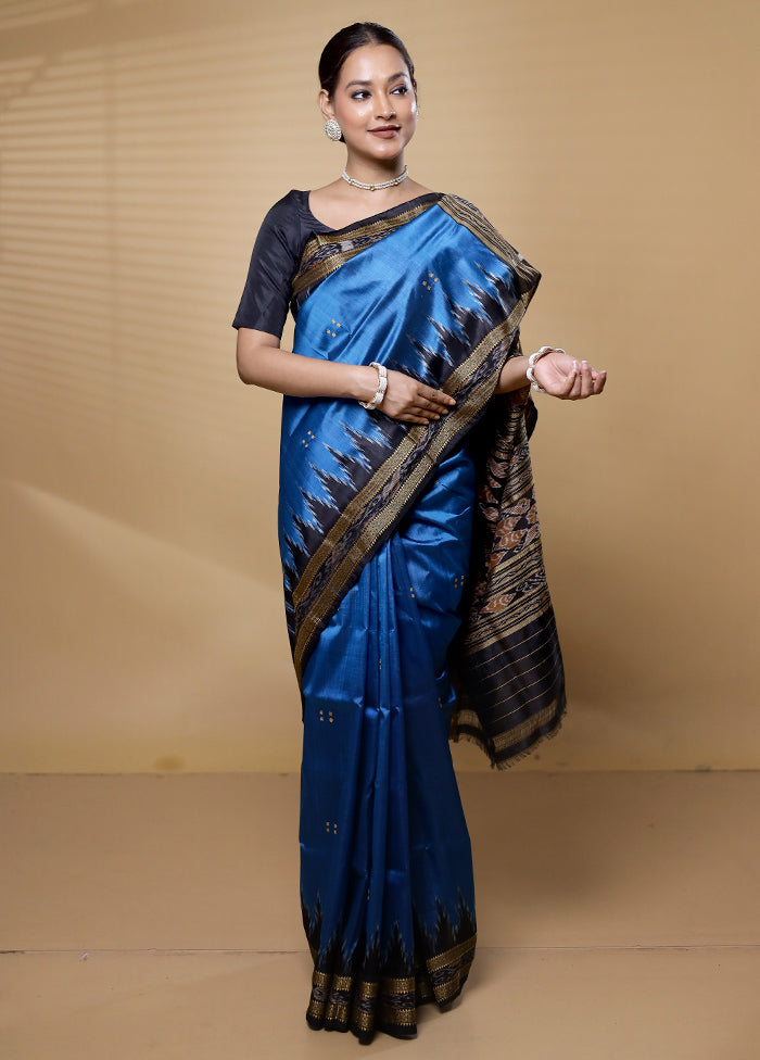 Blue Handloom Patola Pure Silk Saree With Blouse Piece