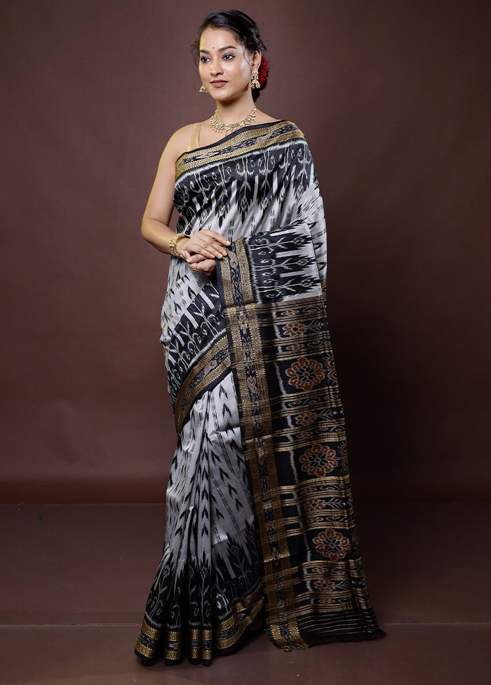 Grey Handloom Patola Pure Silk Saree With Blouse Piece