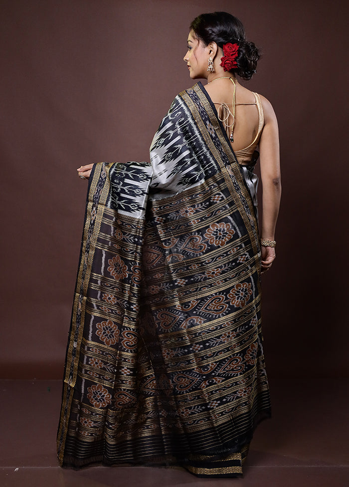 Grey Handloom Patola Pure Silk Saree With Blouse Piece