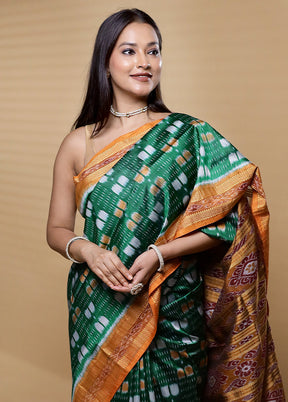 Green Handloom Patola Pure Silk Saree With Blouse Piece