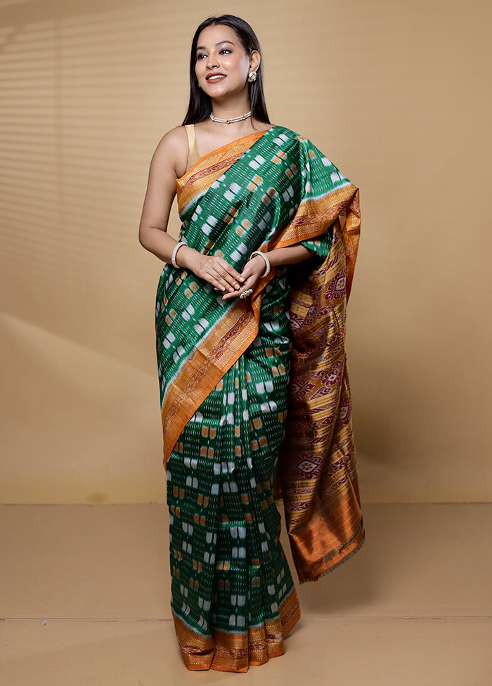 Green Handloom Patola Pure Silk Saree With Blouse Piece