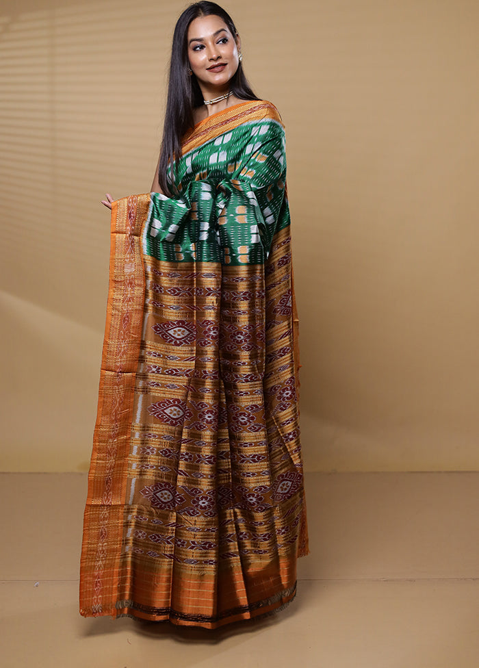 Green Handloom Patola Pure Silk Saree With Blouse Piece