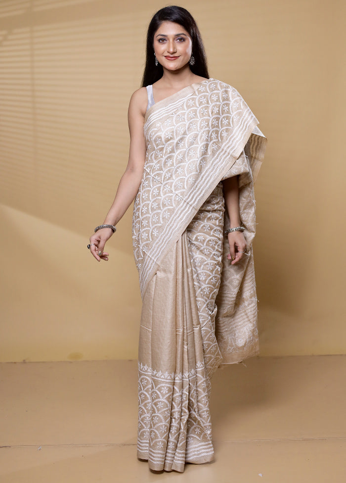 Cream Handloom Kantha Stitch Pure Silk Saree With Blouse Piece