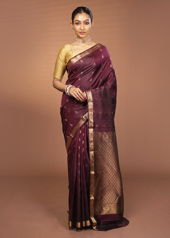 Purple Handloom Kanjivaram Pure Silk Saree With Blouse Piece