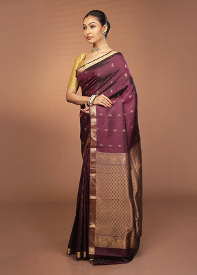 Purple Handloom Kanjivaram Pure Silk Saree With Blouse Piece