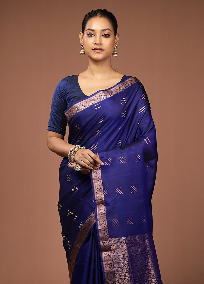 Blue Handloom Kanjivaram Pure Silk Saree With Blouse Piece