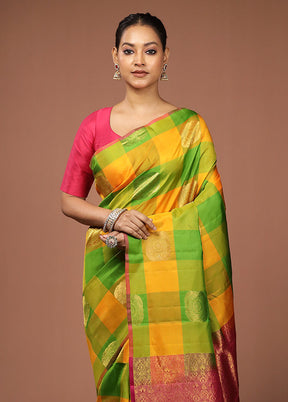 Multicolor Handloom Kanjivaram Pure Silk Saree With Blouse Piece