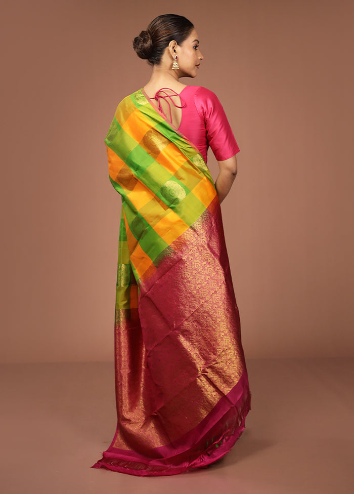 Multicolor Handloom Kanjivaram Pure Silk Saree With Blouse Piece