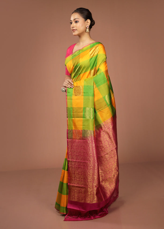 Multicolor Handloom Kanjivaram Pure Silk Saree With Blouse Piece