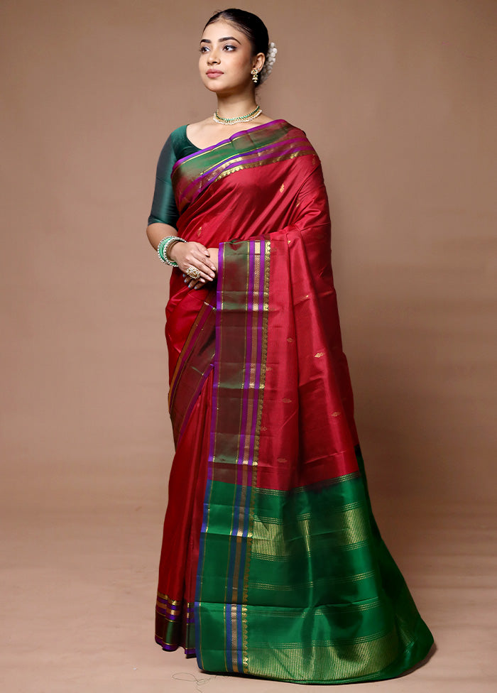 Red Handloom Kanjivaram Pure Silk Saree With Blouse Piece