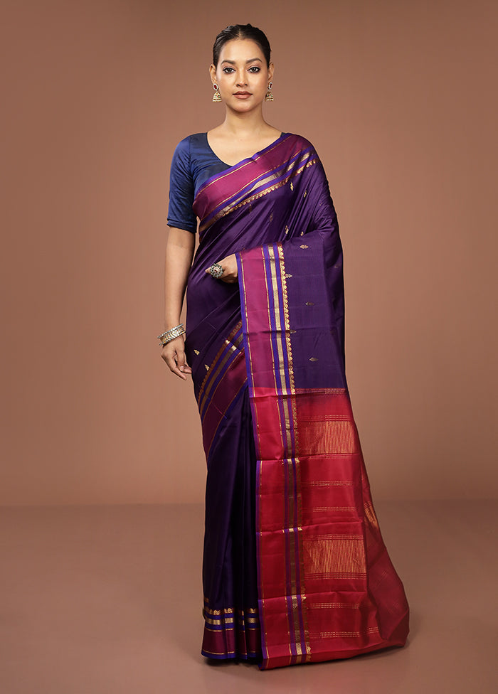 Purple Handloom Kanjivaram Pure Silk Saree With Blouse Piece