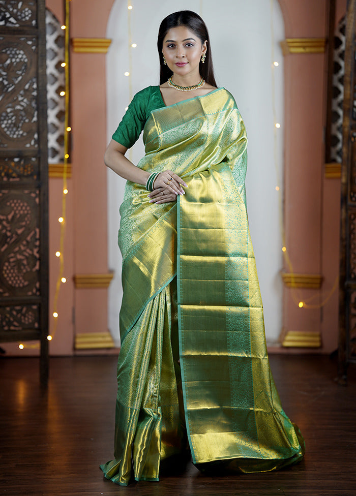 Green Handloom Kanchipuram Pure Silk Saree With Blouse Piece