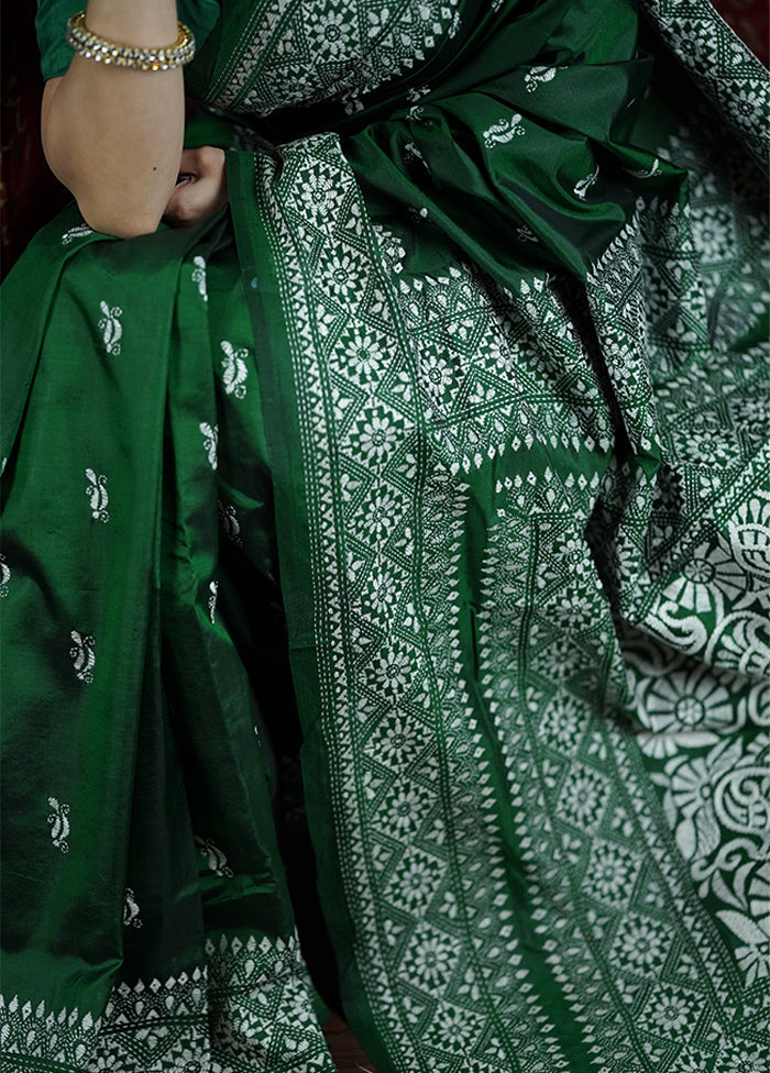 Green Handloom Kantha Stitch Pure Silk Saree With Blouse Piece