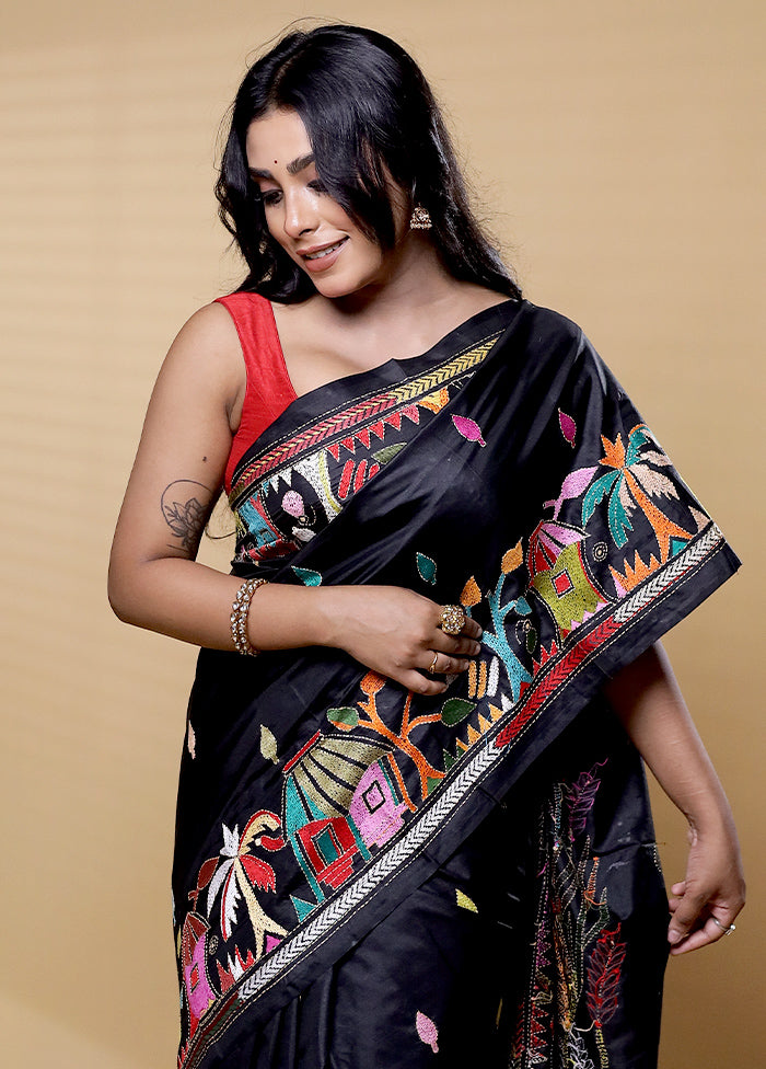 Black Handloom Kantha Stitch Pure Silk Saree With Blouse Piece