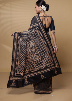 Black Handloom Kantha Stitch Pure Silk Saree With Blouse Piece