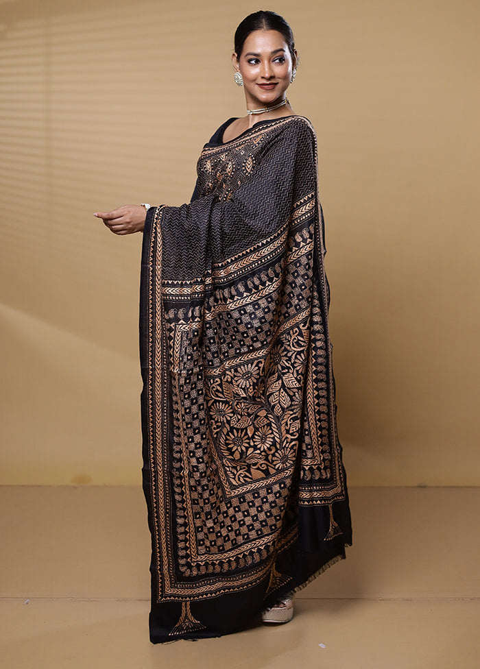 Black Handloom Kantha Stitch Pure Silk Saree With Blouse Piece