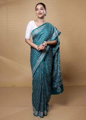 Green Handloom Kantha Stitch Pure Silk Saree With Blouse Piece