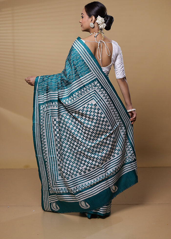 Green Handloom Kantha Stitch Pure Silk Saree With Blouse Piece