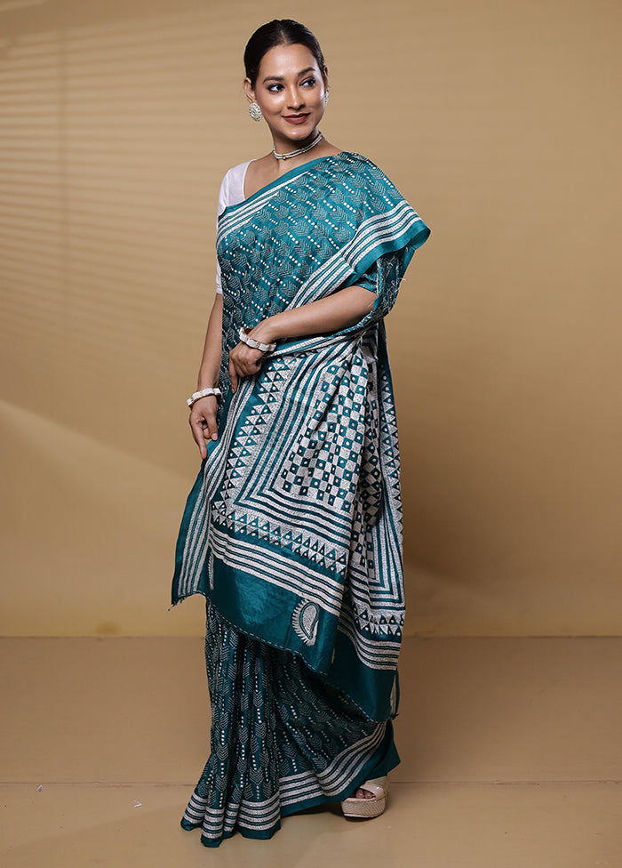 Green Handloom Kantha Stitch Pure Silk Saree With Blouse Piece