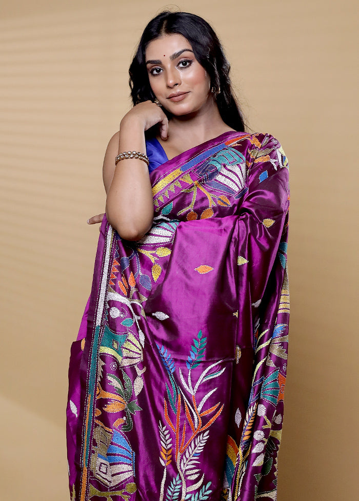 Purple Handloom Kantha Stitch Pure Silk Saree With Blouse Piece