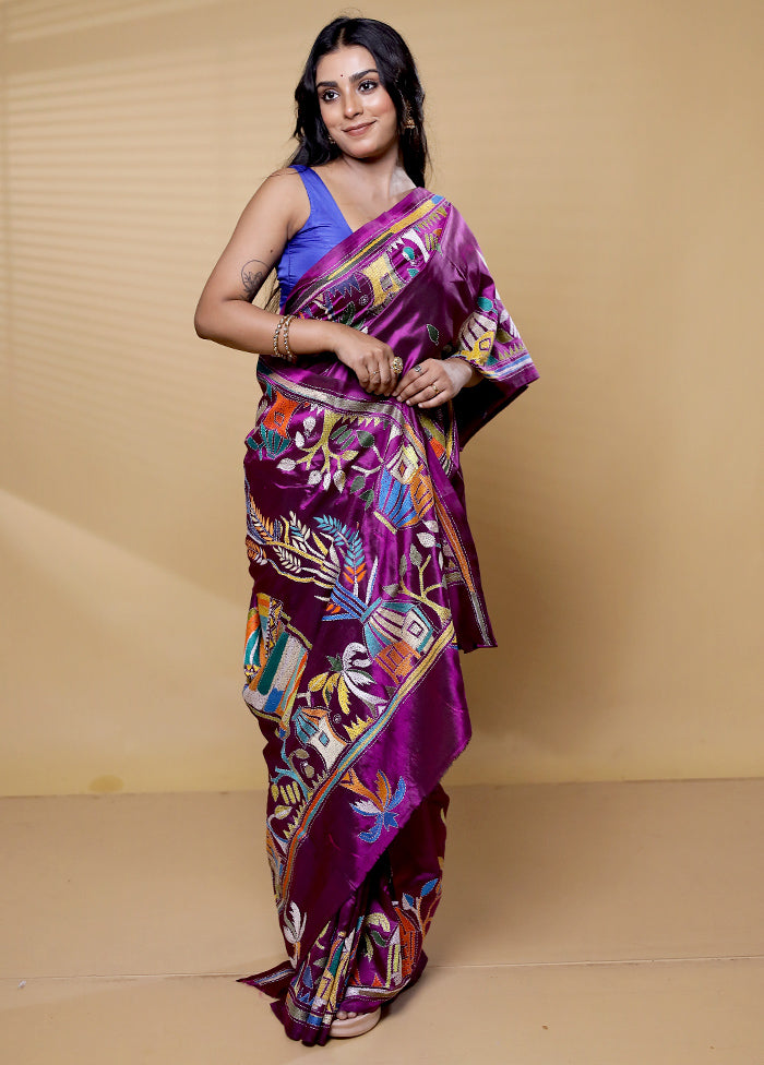 Purple Handloom Kantha Stitch Pure Silk Saree With Blouse Piece